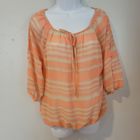 Maurices Orange Beige Blouse Quarter Sleeve Chiffon Semi Sheer Cold Shoulder Sm - Picture 1 of 6